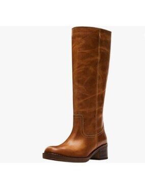 FOWT Women Platform Round Toe Calf High Boots Chunky Low Heel Riding Boots Brown